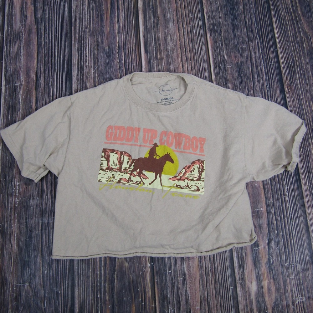 Hi-Res Shirt Womens XS Tan Giddy Up Cowboy Western Horse Cropped Graphic Tee